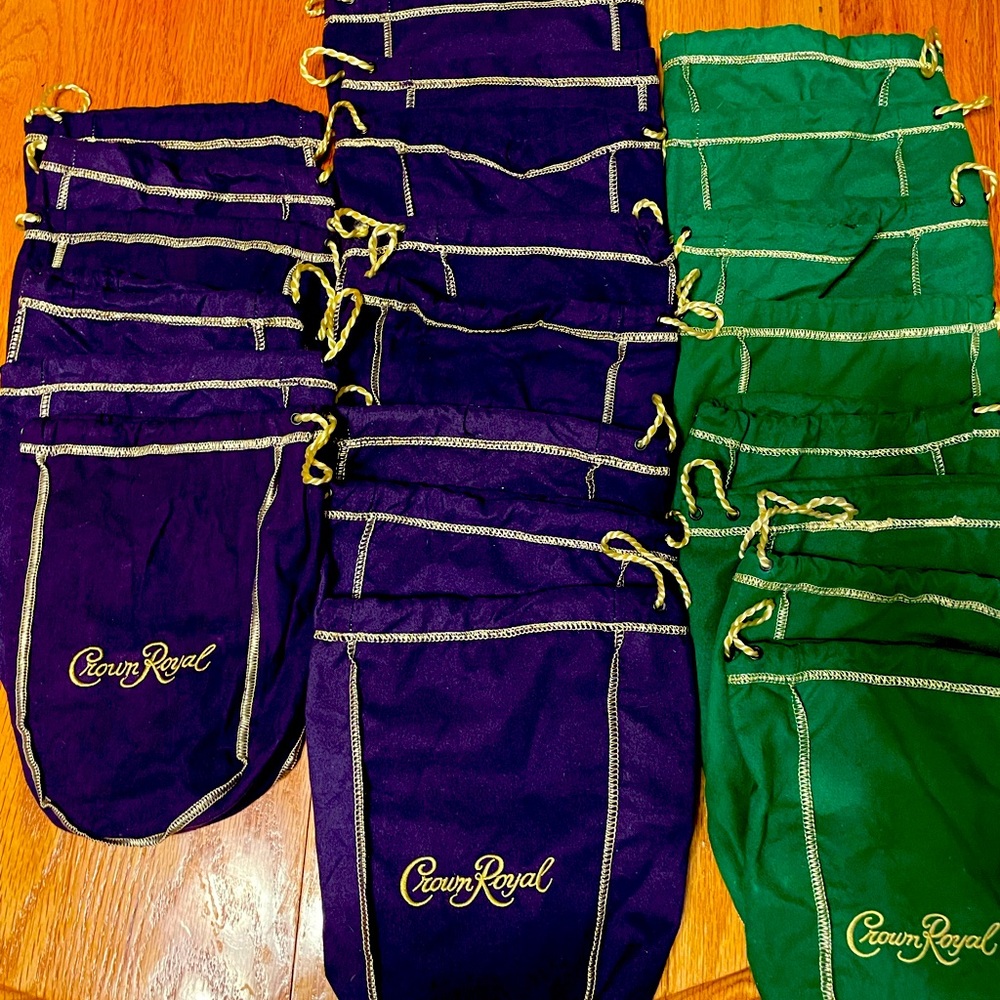 Crown royal bags- 22 purple 2 sizes and green